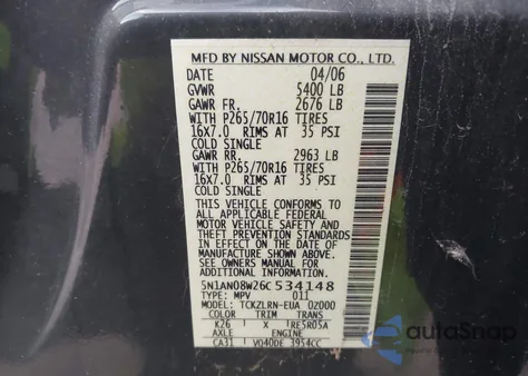 2006 Nissan Xterra S z USA, uszkodzony, nr VIN 5N1AN08W26C534148